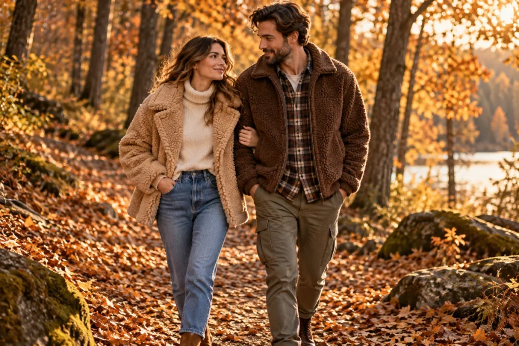 Femme en veste moumoute teddy camel et homme en veste sherpa marron lors d'une balade en forêt en automne