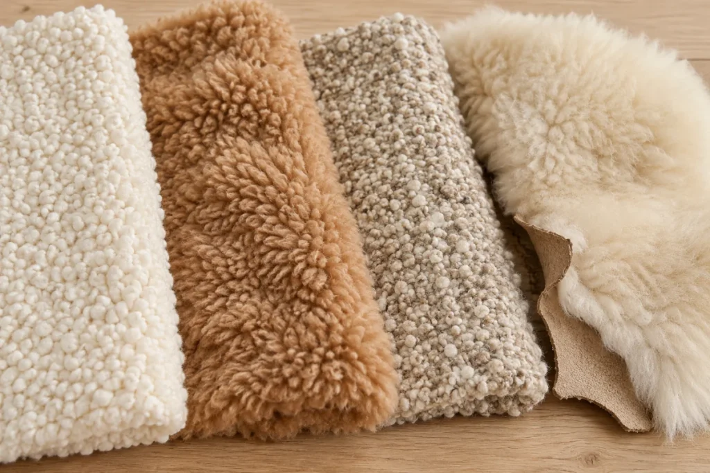 Comparaison des textures sherpa, teddy, bouclette et peau lainée pour une veste moumoute